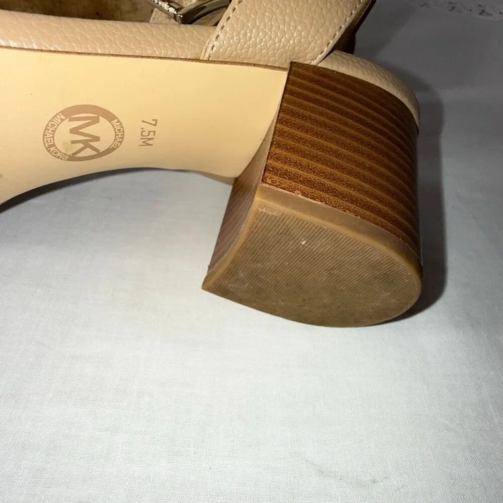 Michael Kors Women’s Nude Pebbled Leather Block Heel Sandals Gold MK Accent 3” H